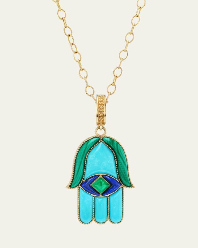 18K Yellow Gold Large Hamsa Amulet Necklace with Gemstones